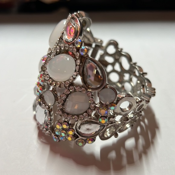 Charming Charlie spring loaded chunky silver, rhinestone and opalite bracelet - Picture 2 of 5